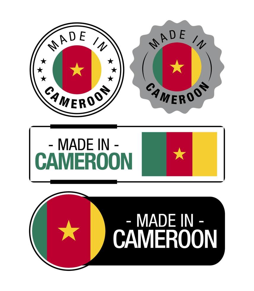 einstellen von gemacht im Kamerun Etiketten, Logo, Kamerun Flagge, Kamerun Produkt Emblem vektor