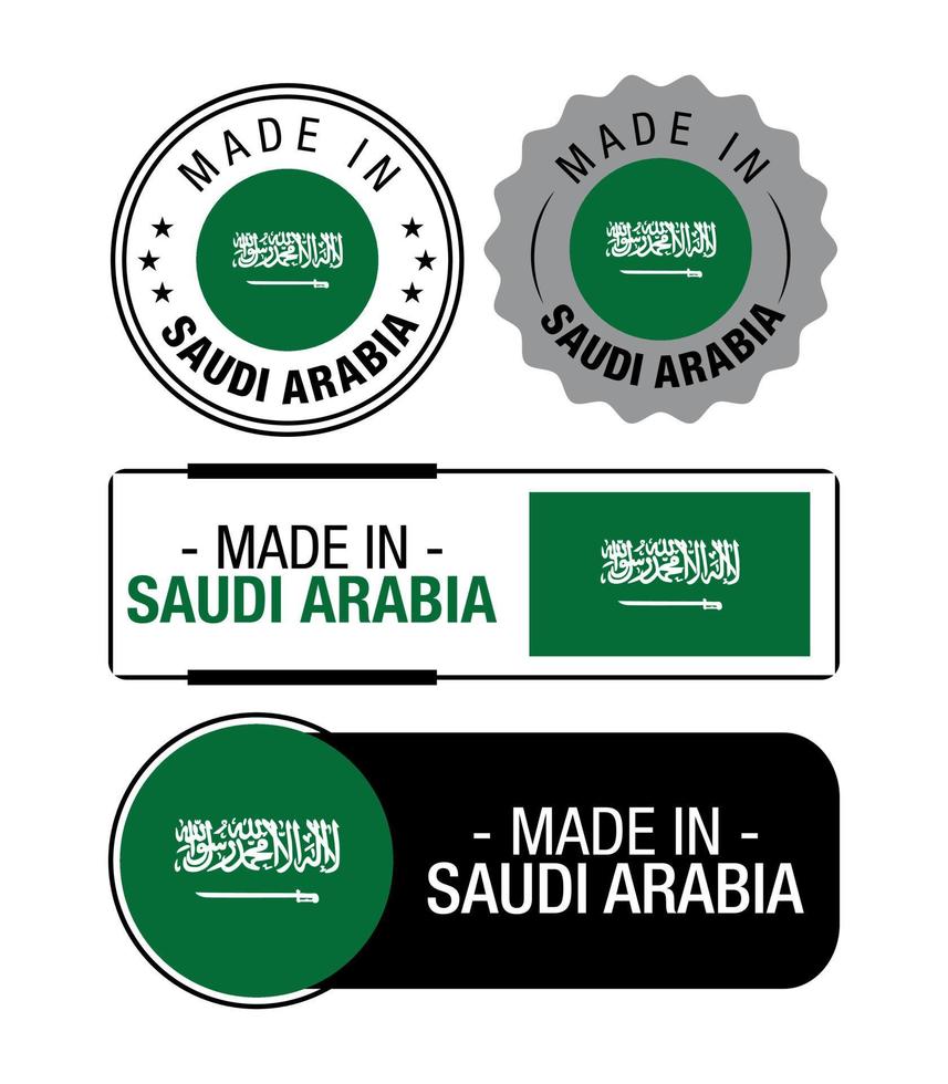 einstellen von gemacht im Saudi Arabien Etiketten, Logo, Saudi Arabien Flagge, Saudi Arabien Produkt Emblem vektor