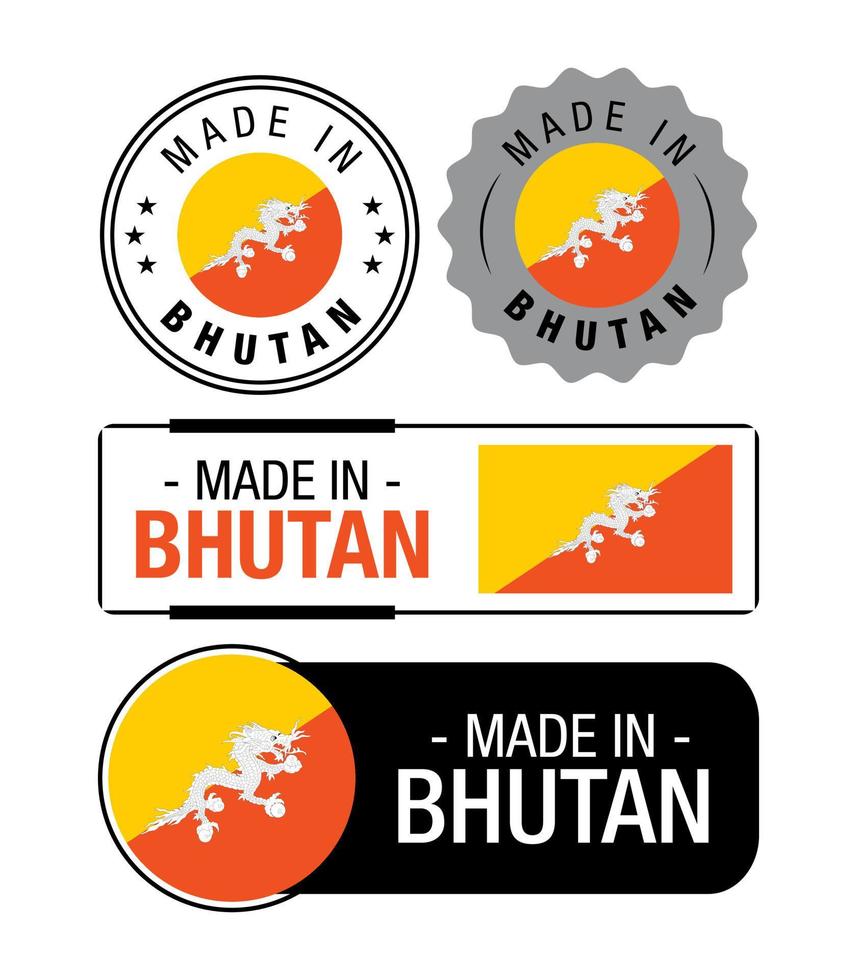 einstellen von gemacht im Bhutan Etiketten, Logo, Bhutan Flagge, Bhutan Produkt Emblem vektor