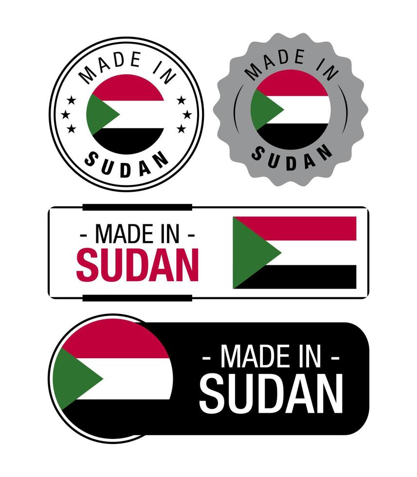 uppsättning av tillverkad i sudan etiketter, logotyp, sudan flagga, sudan produkt emblem vektor