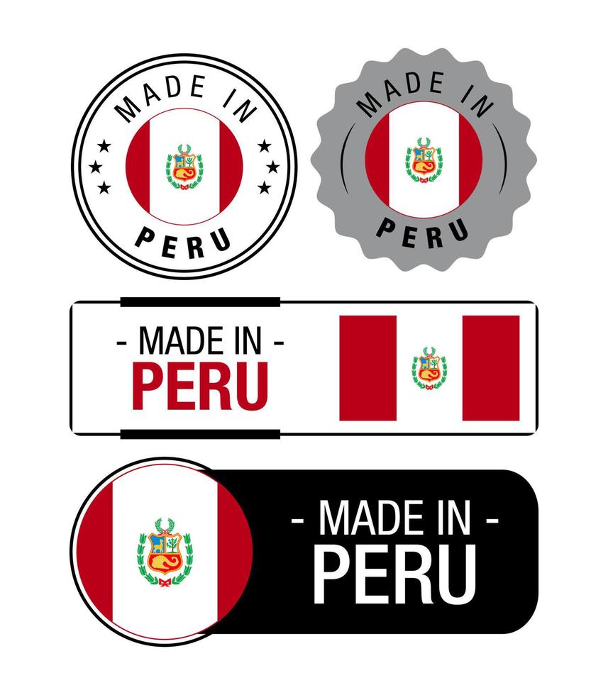uppsättning av tillverkad i peru etiketter, logotyp, peru flagga, peru produkt emblem vektor