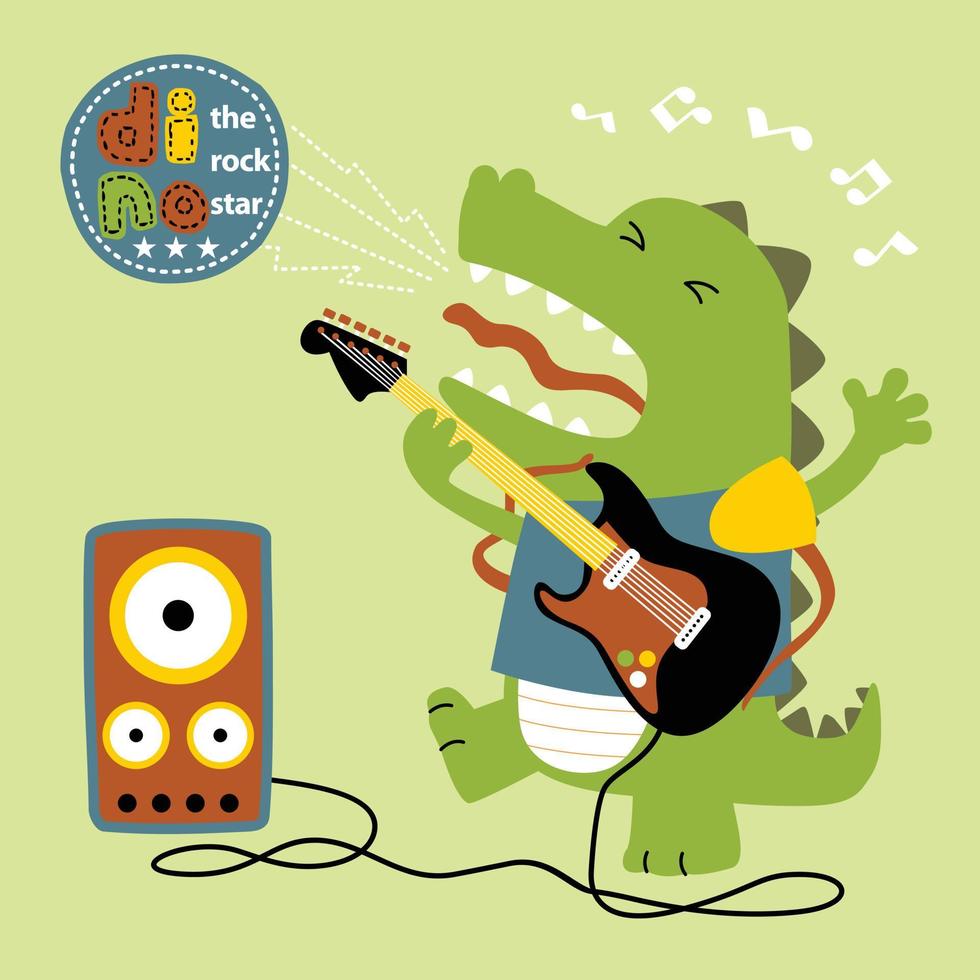 rolig dinosaurie spelar gitarr, vektor tecknad serie illustration