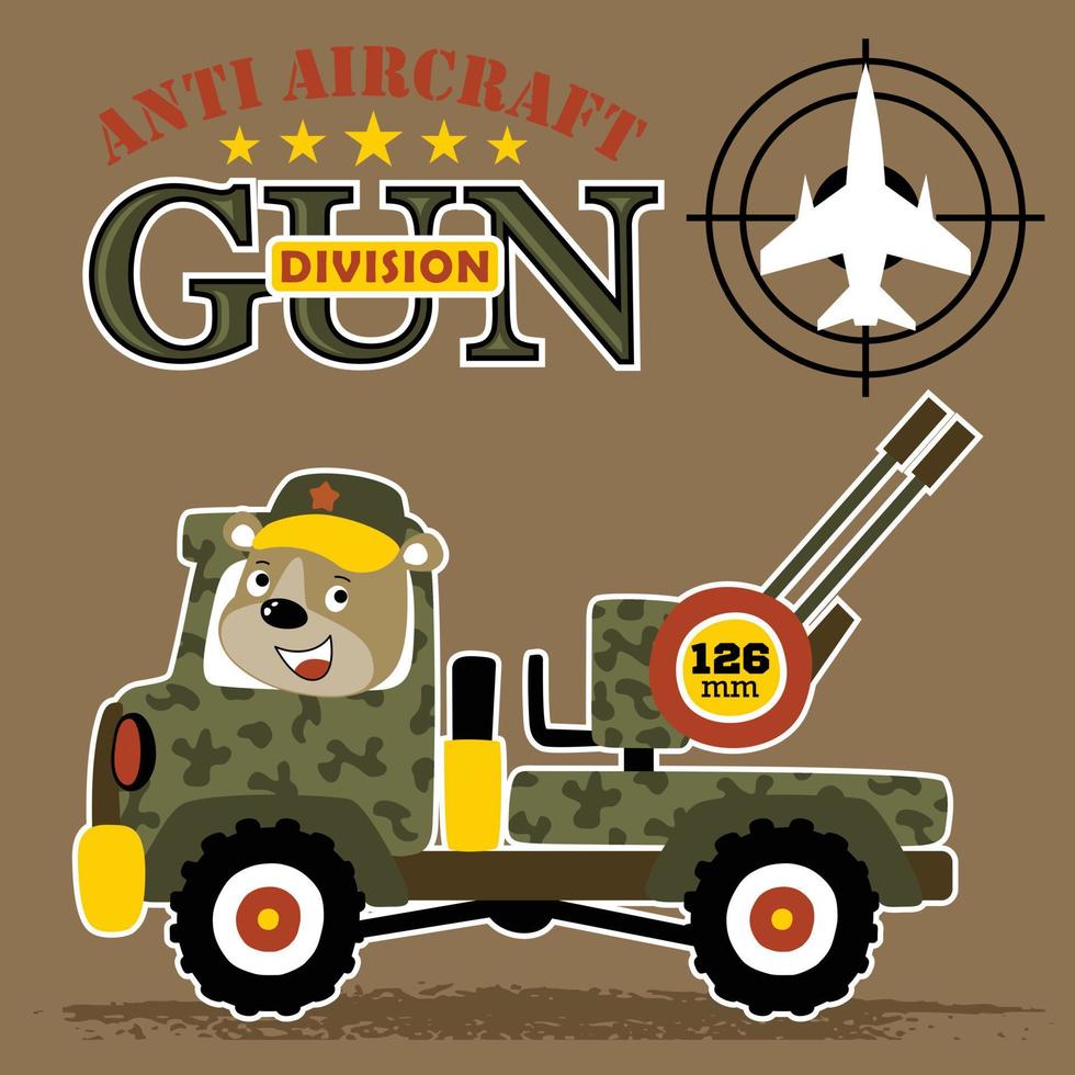 söt Björn soldat körning ett armerad fordon med anti luft hantverk pistol, vektor tecknad serie illustration