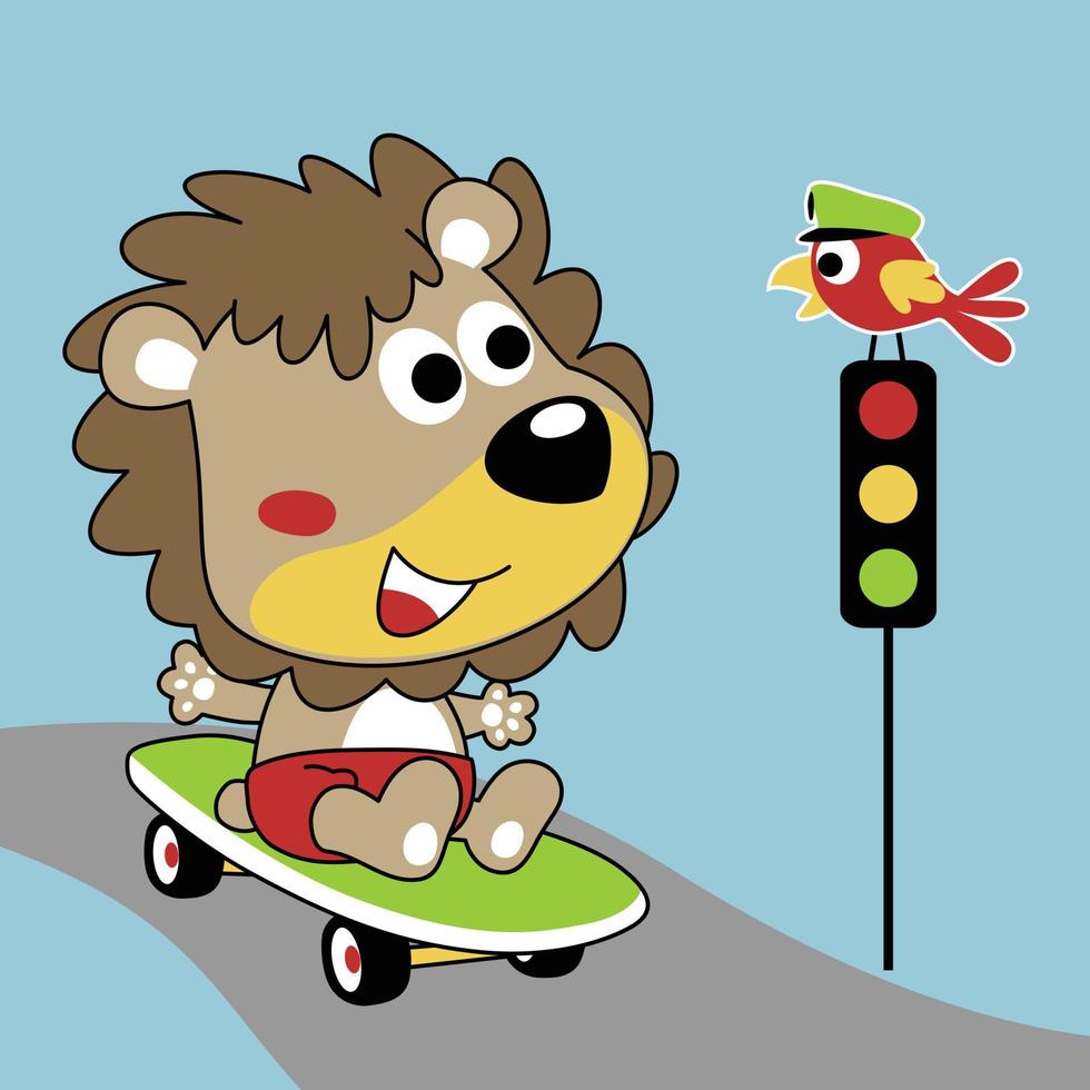 süß Löwe spielen Skateboard, mit wenig Vogel auf Ampel, Vektor Karikatur Illustration