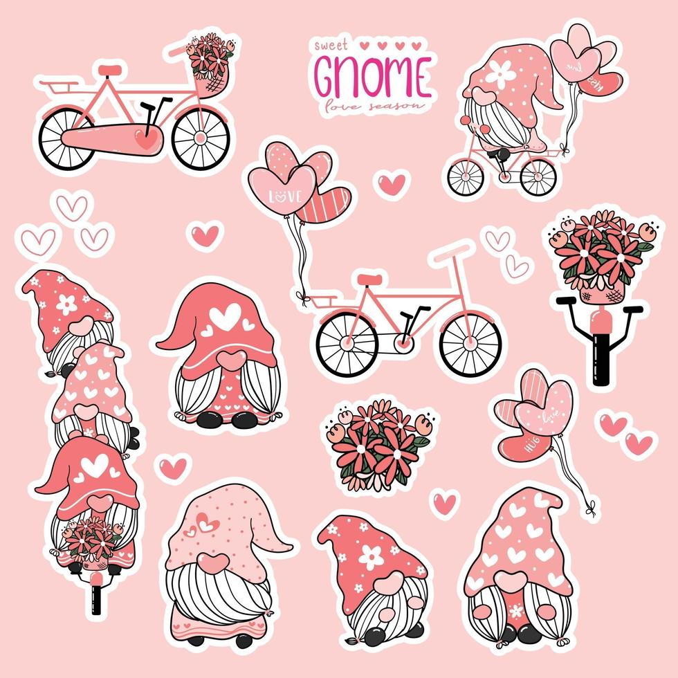 söt valentin gnome söt rosa kärlek insamling, gnome på cykel klistermärke utskrivbar uppsättning. vektor