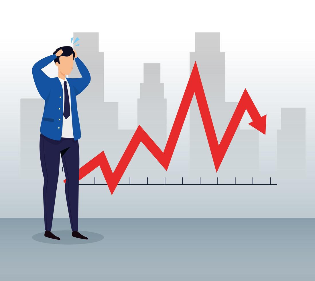 aktiemarknadskrasch med affärsman och pil ner vektor