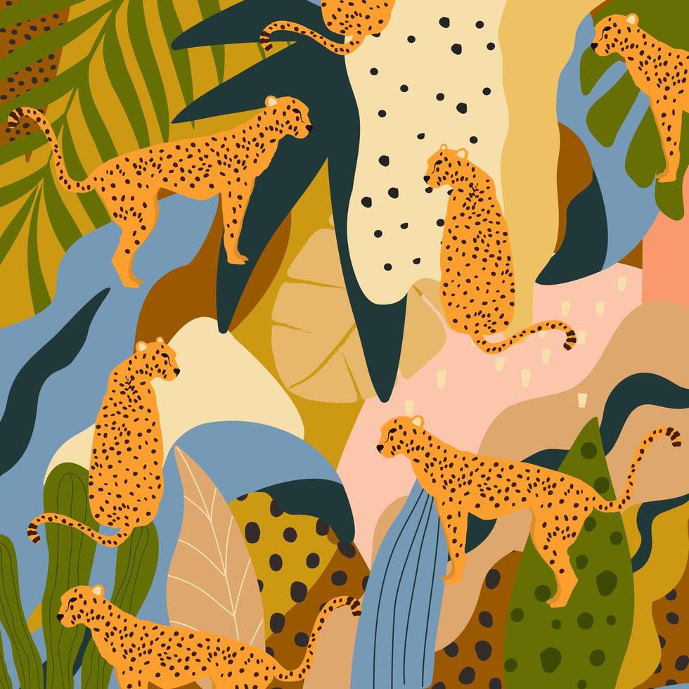 Leoparden und tropische Blätterplakathintergrundvektorillustration. trendiges Wildtiermuster vektor