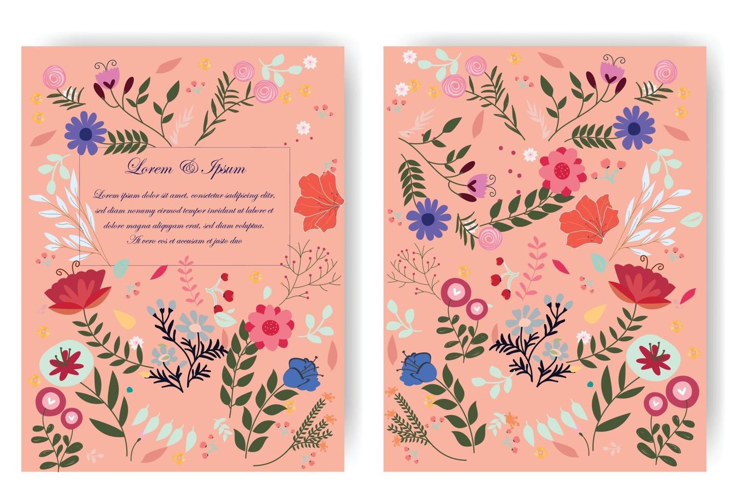 niedlicher süßer roter rosa und blauer wilder Blumenblumenrahmen für Hochzeitskarte vektor