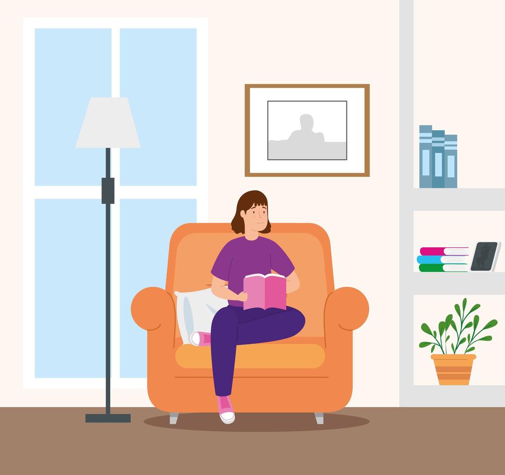 kampanj stanna hemma med kvinnan i vardagsrummet och läsa en bok vektor
