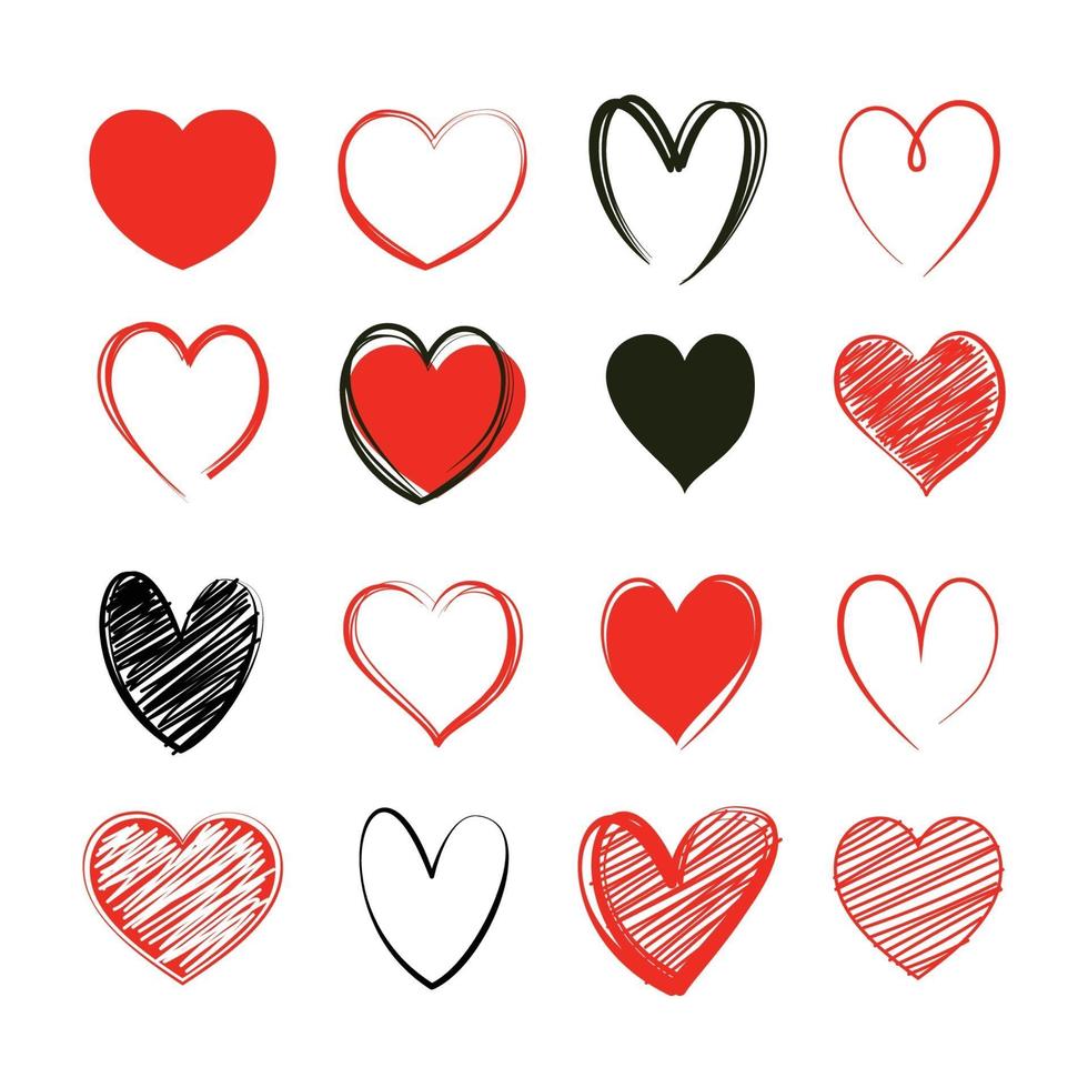 rotes Herz Valentinstag Symbolsatz. Liebesikonenhand gezeichnet lokalisiert auf weißem Hintergrund. vektor