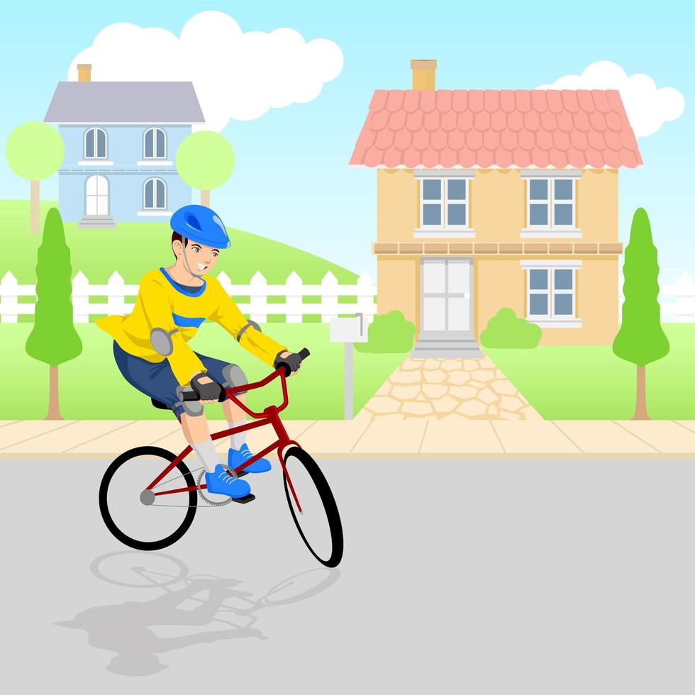Junge spielt mit dem Fahrrad um Nachbarschaft vektor