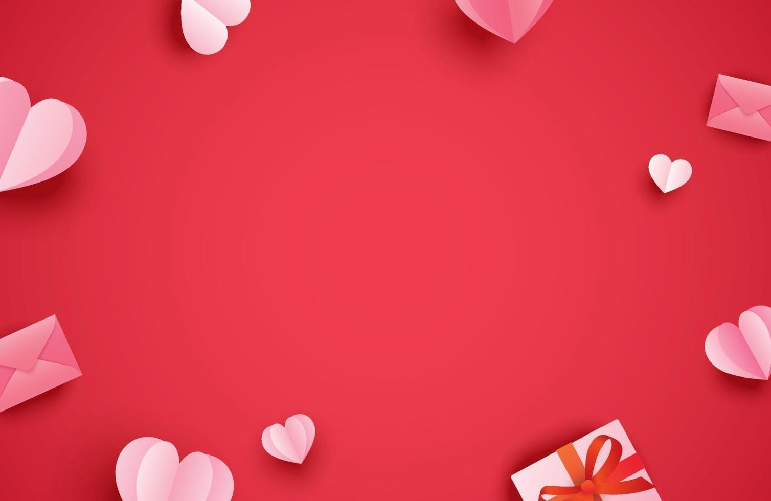 Glad Alla hjärtans dag gratulationskort med papper hjärtan på röd pastell bakgrund. vektor