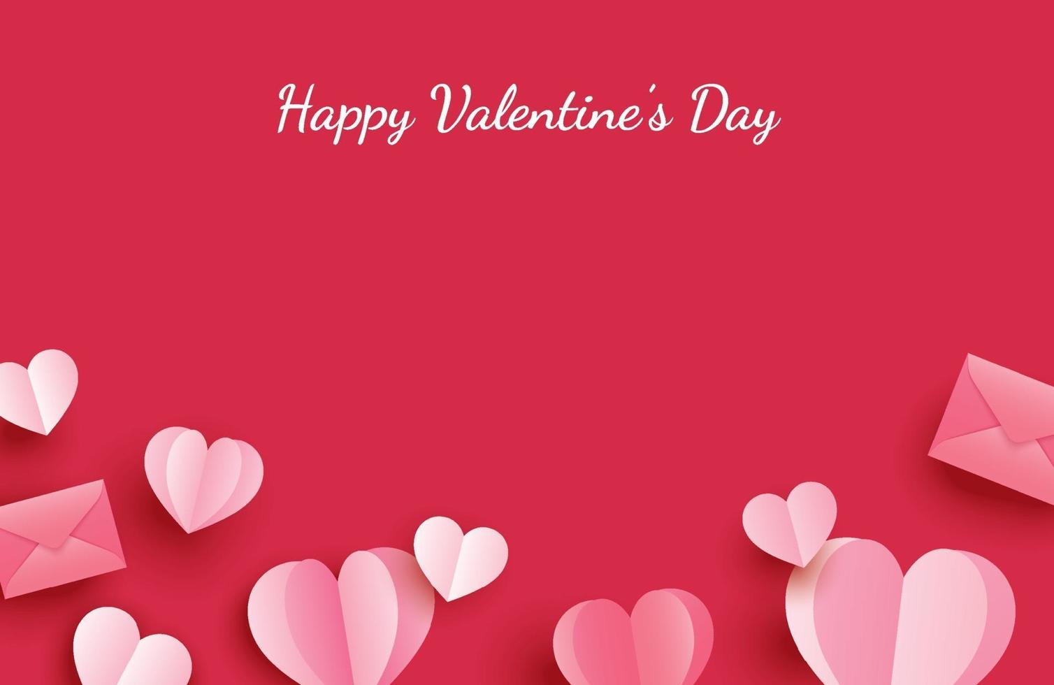 Glad Alla hjärtans dag gratulationskort med papper hjärtan på röd pastell bakgrund. vektor
