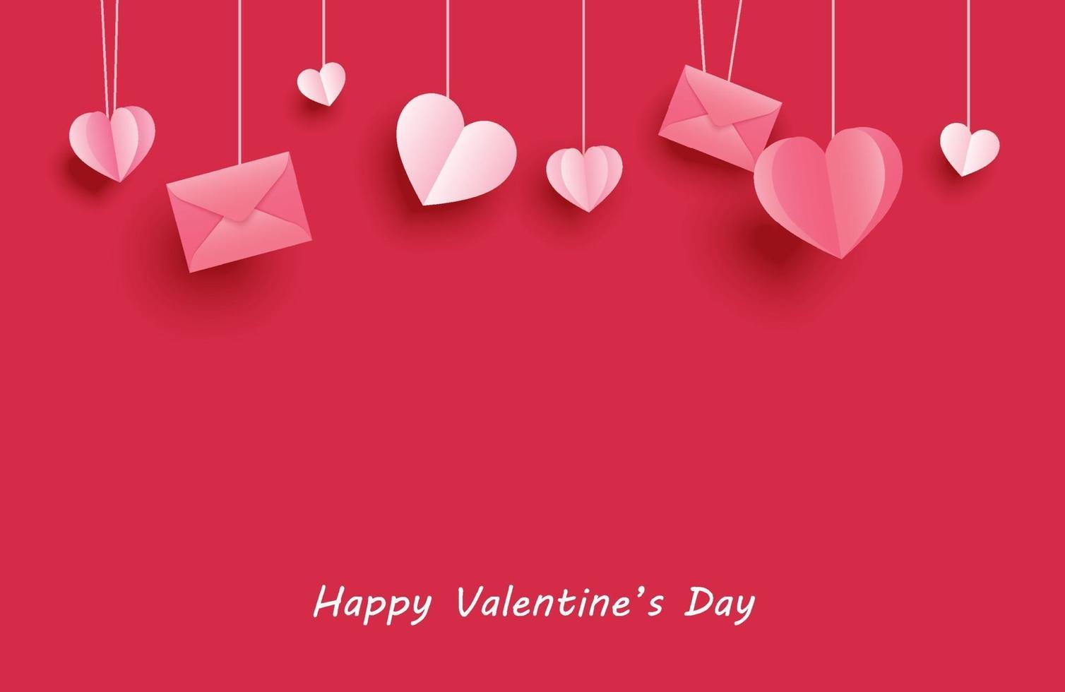 glad Alla hjärtans dag gratulationskort med papper hjärtan hängande på röd pastell bakgrund. vektor