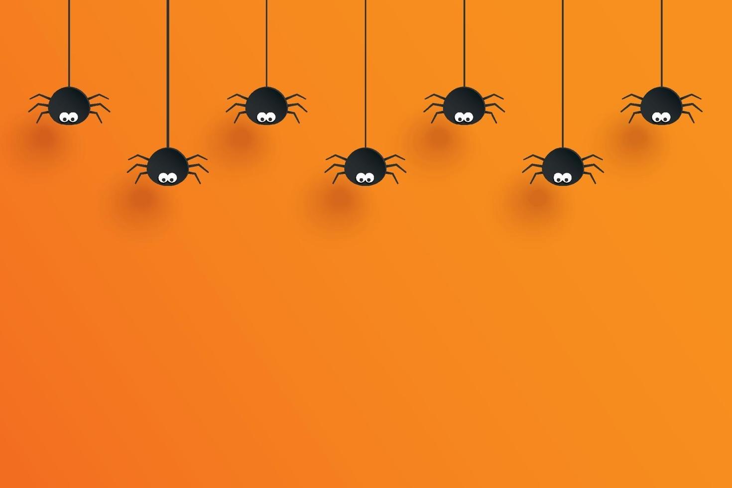 Halloween mit hängenden Spinnen als Dekoration und orangefarbenem Hintergrundraum für Text. vektor