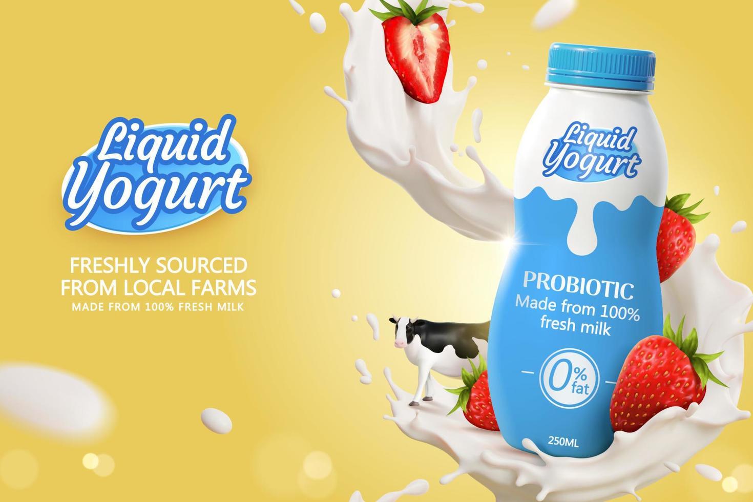 3d probiotisch Joghurt trinken Anzeige Vorlage. Erdbeere Geschmack Molkerei Getränk. Komposition von Flasche Paket umgeben durch Milch Spritzer, Kuh und Erdbeeren. vektor