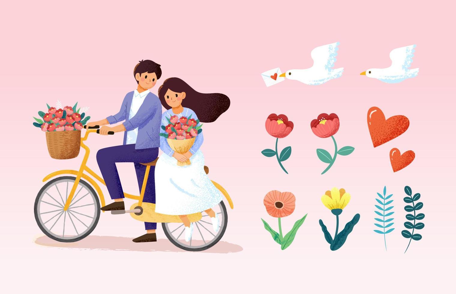 cykling par element. illustration av en kärleksfull dovey par ridning på en cykel, naturlig växter, och duvor sändning en kärlek brev vektor