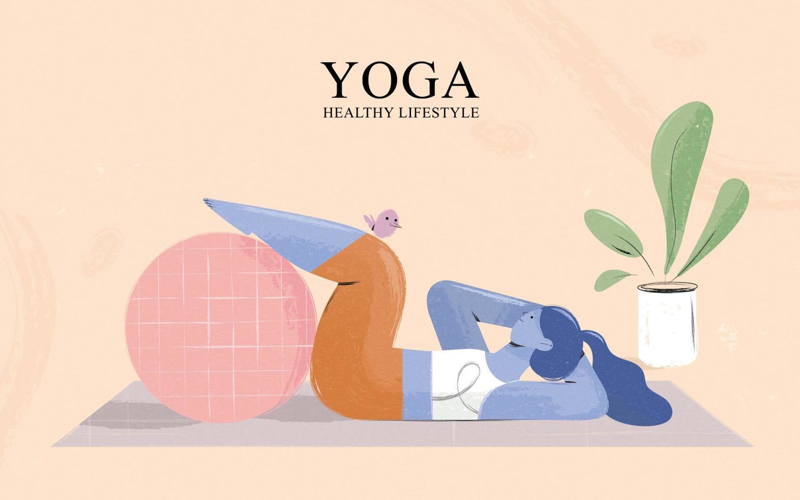 hand dragen illustration av en kvinna använder sig av kondition boll till öva yoga på Hem. yoga friska livsstil begrepp. vektor