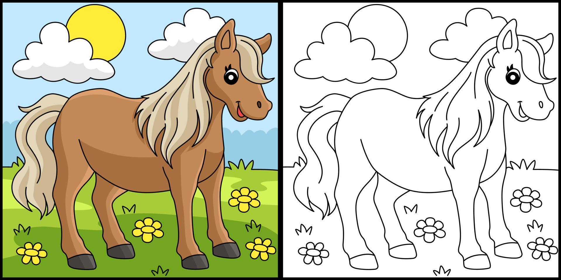 ponny djur- färg sida färgad illustration vektor