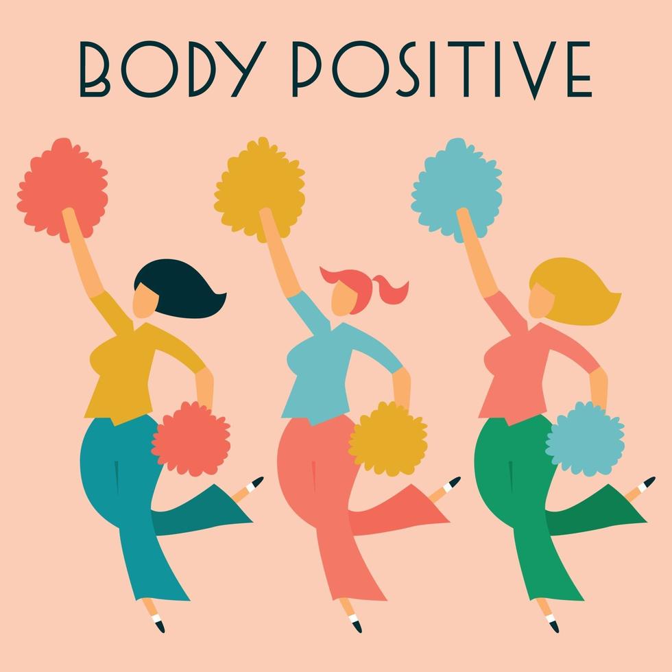Körper positive Karte mit drei tanzenden Damen. Vektorillustration. vektor