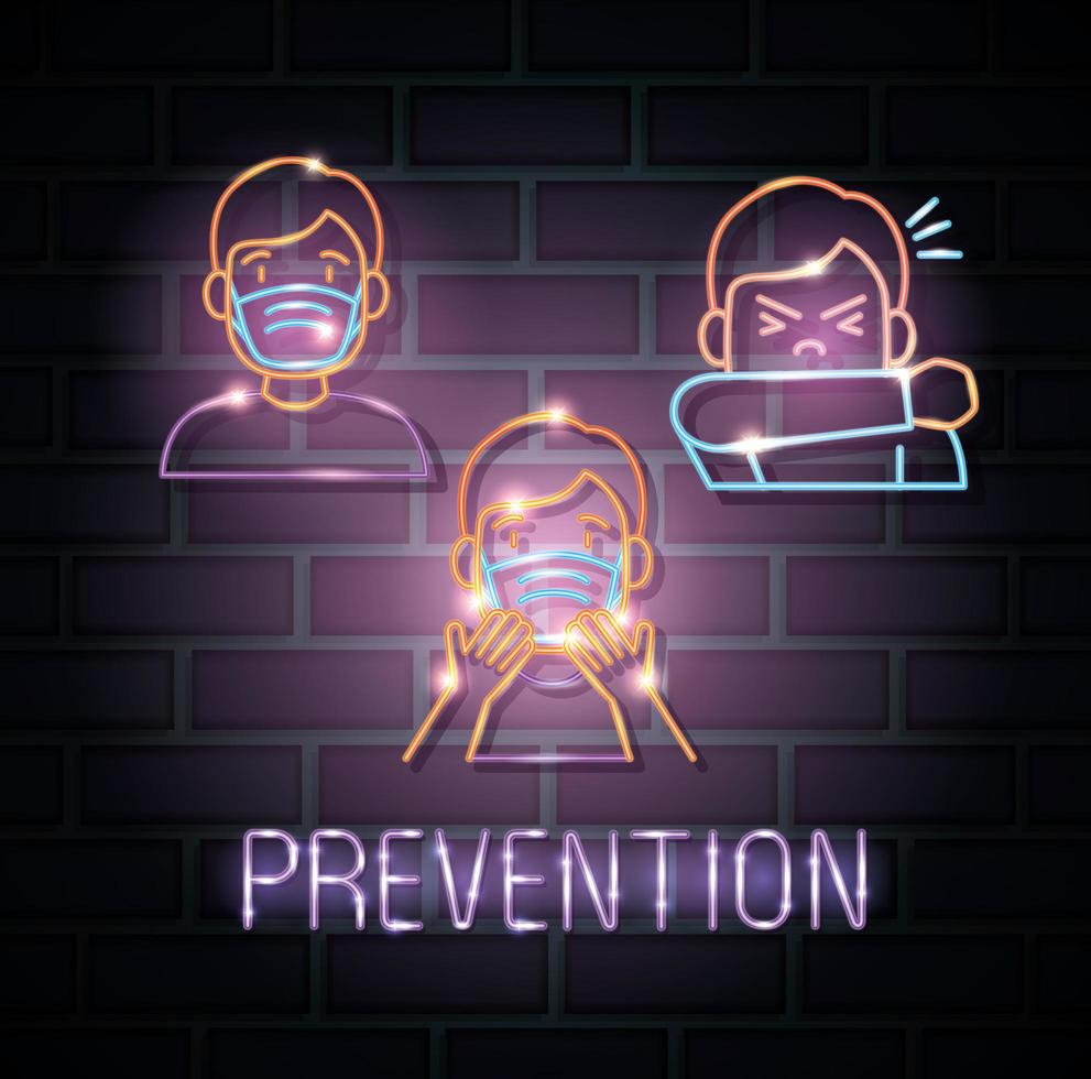 neonljus coronavirus med förebyggande ikoner vektor