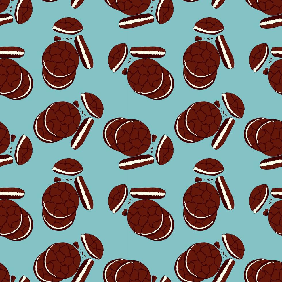 Muster von Schokolade Chip Kekse mit Füllung und Keks Krümel auf ein Blau Hintergrund, Hand gezeichnet Kritzeleien. National Plätzchen Tag. vektor