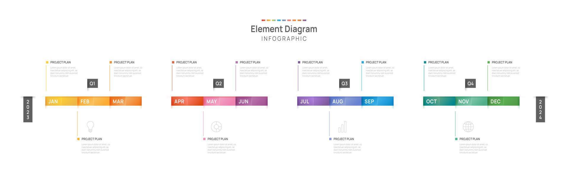 Infografik Vorlage zum Geschäft. 12 Monate modern Zeitleiste Element Diagramm Kalender, 4 Quartal Schritte Meilenstein Präsentation Vektor Infografik.