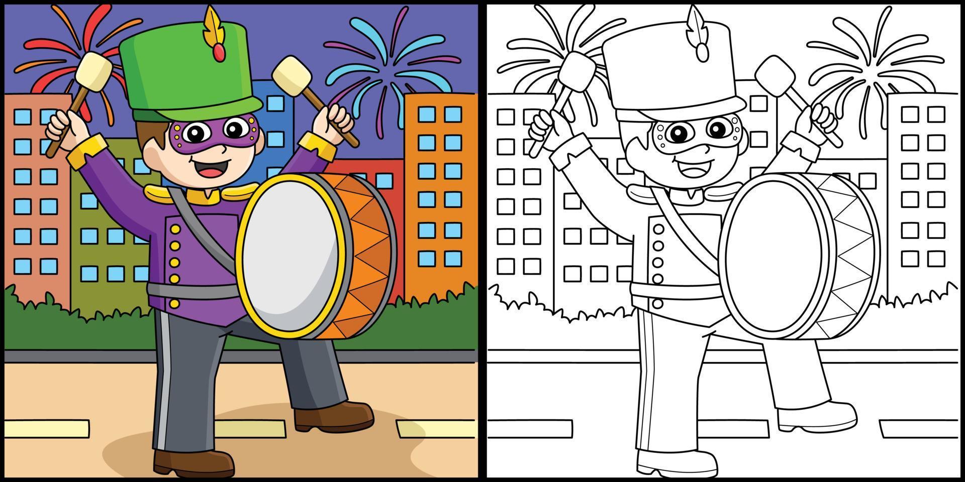 Karneval gras Junge spielen Schlagzeug Färbung Illustration vektor