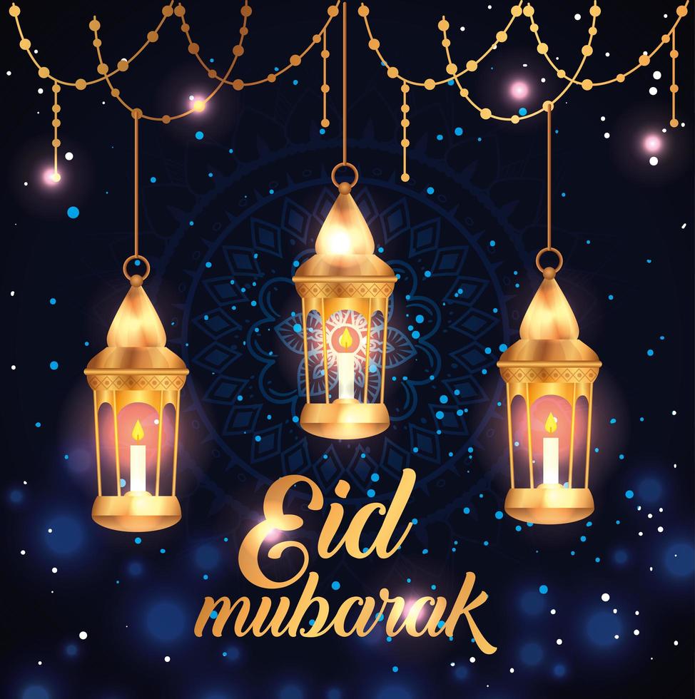 Eid Mubarak Poster mit hängenden Laternen und Dekoration vektor