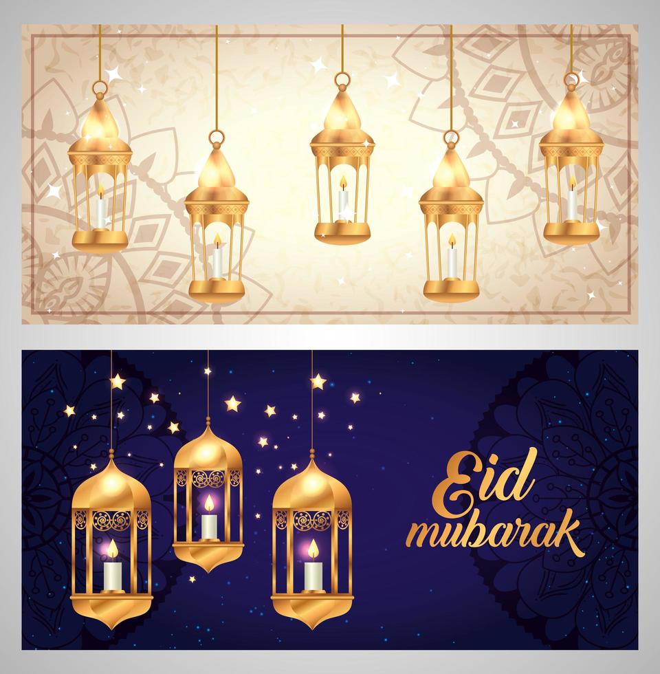 Set von Eid Mubarak Plakaten mit Dekoration vektor