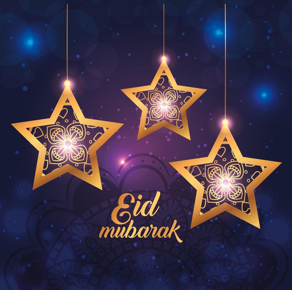 Eid Mubarak Poster mit hängenden Sternen und Dekoration vektor