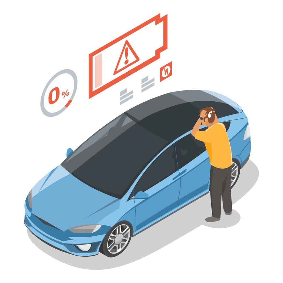 ev Auto niedrig Batterie Leistung niedrig Niveau Nein Ladegerät Bahnhof mit verwirrt Mann Illustration isometrisch isoliert Vektor