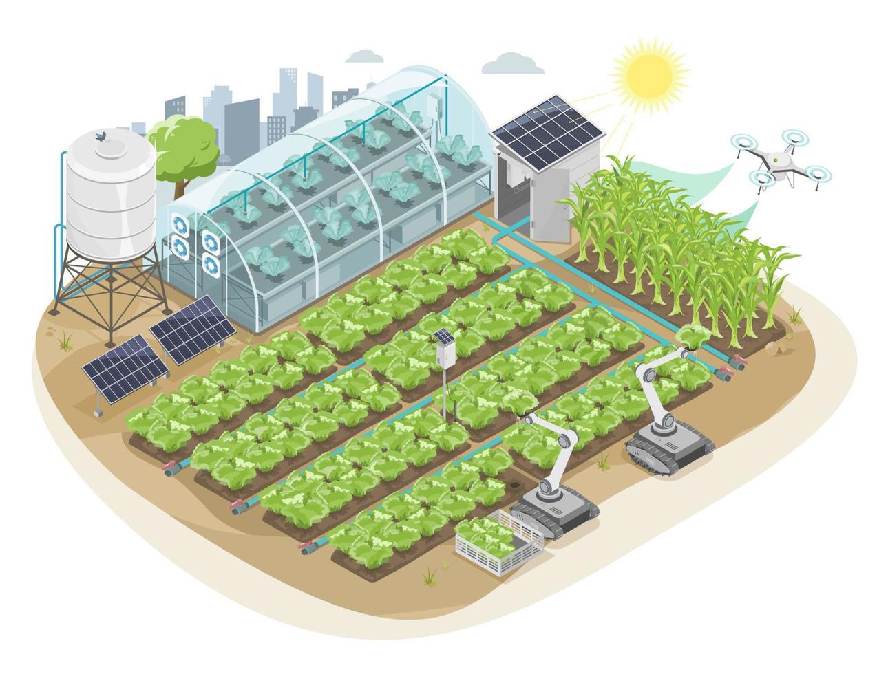 Clever Landwirtschaft mit Solar- Panel und Roboter Grubber und Drohne Bauernhof iot System Ausrüstung Ökologie zum landwirtschaftlich in der Nähe von Stadt isometrisch isoliert Vektor Karikatur