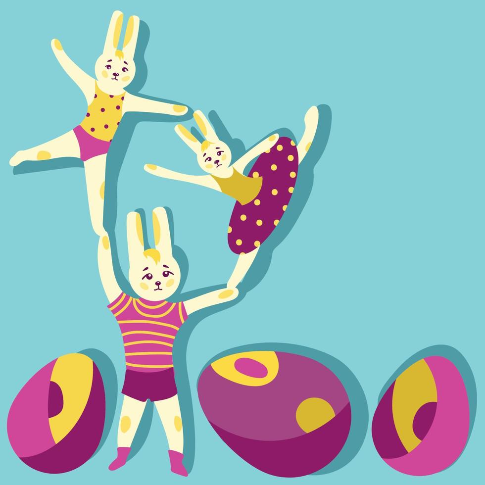 Ostern Hasen mit Ostern farbig Eier baner Vorlage.Akrobatik Performance von Tanzen Tier Kaninchen Vektor abstrakt Illustration im hell Frühling Farben.ester Konzept Illustration im modisch Stil