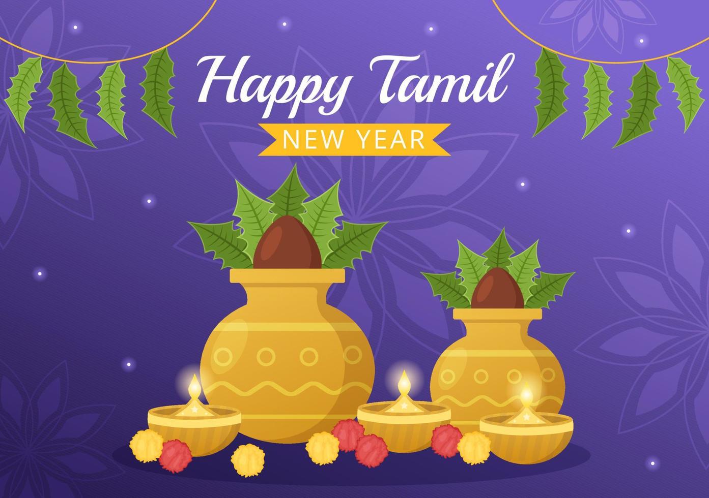 glücklich Tamil Neu Jahr Illustration mit Vishu Blumen, Töpfe und indisch Hindu Festival im eben Karikatur Hand gezeichnet zum Landung Seite Vorlagen vektor