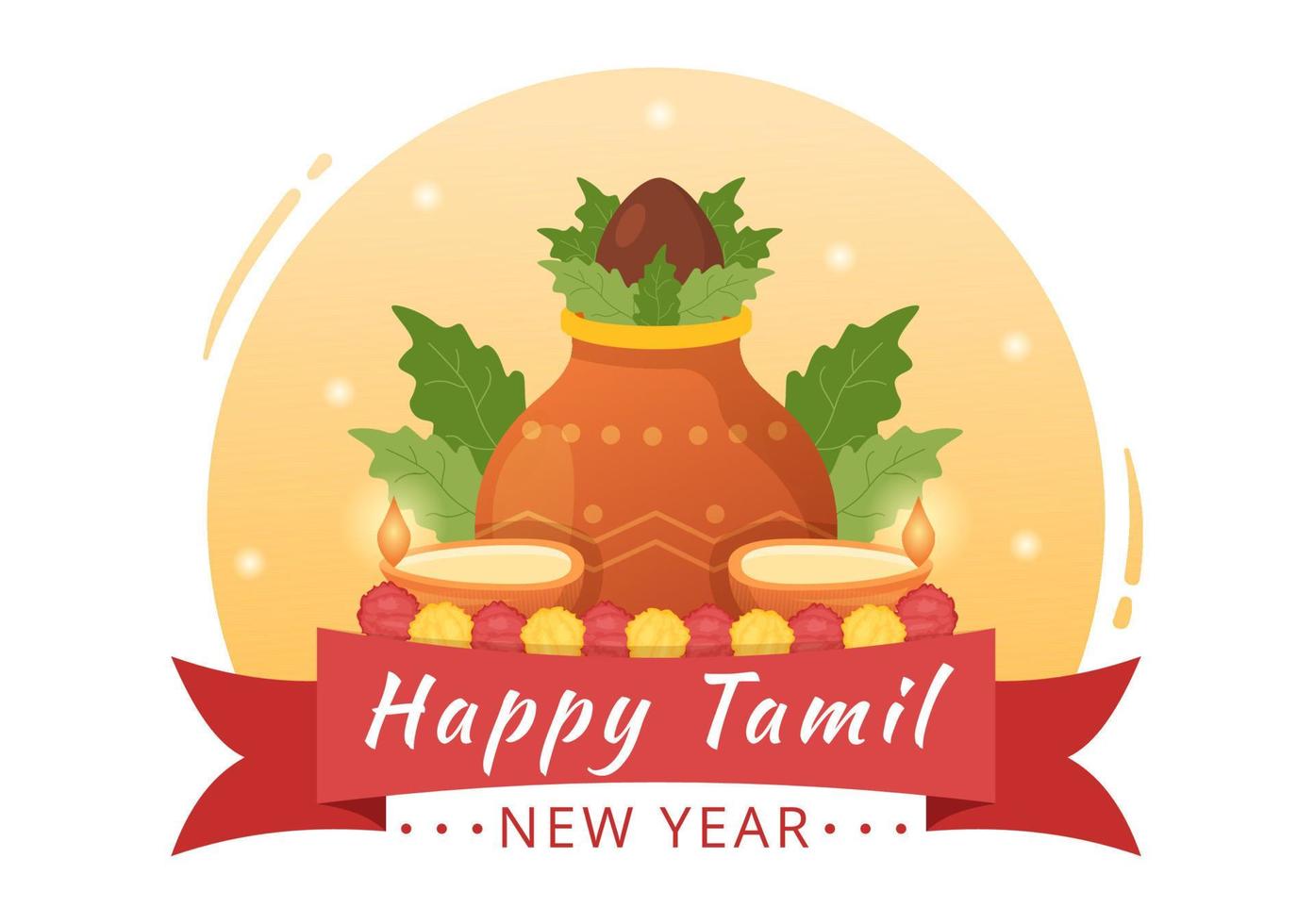 glücklich Tamil Neu Jahr Illustration mit Vishu Blumen, Töpfe und indisch Hindu Festival im eben Karikatur Hand gezeichnet zum Landung Seite Vorlagen vektor