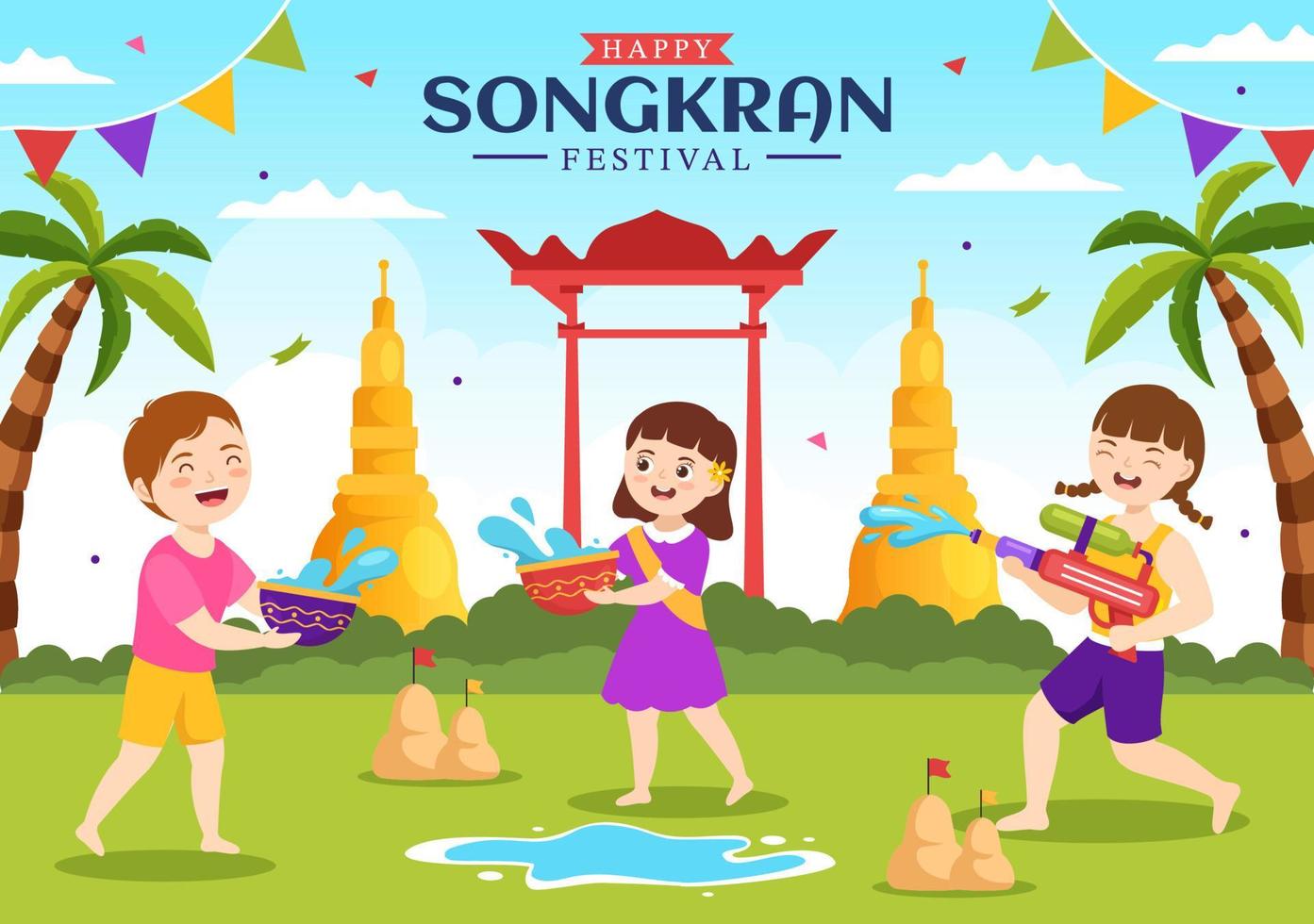 glücklich Songkran Festival Tag Illustration mit Kinder spielen Wasser Gewehr im Thailand Feier im eben Karikatur Hand gezeichnet zum Landung Seite Vorlagen vektor