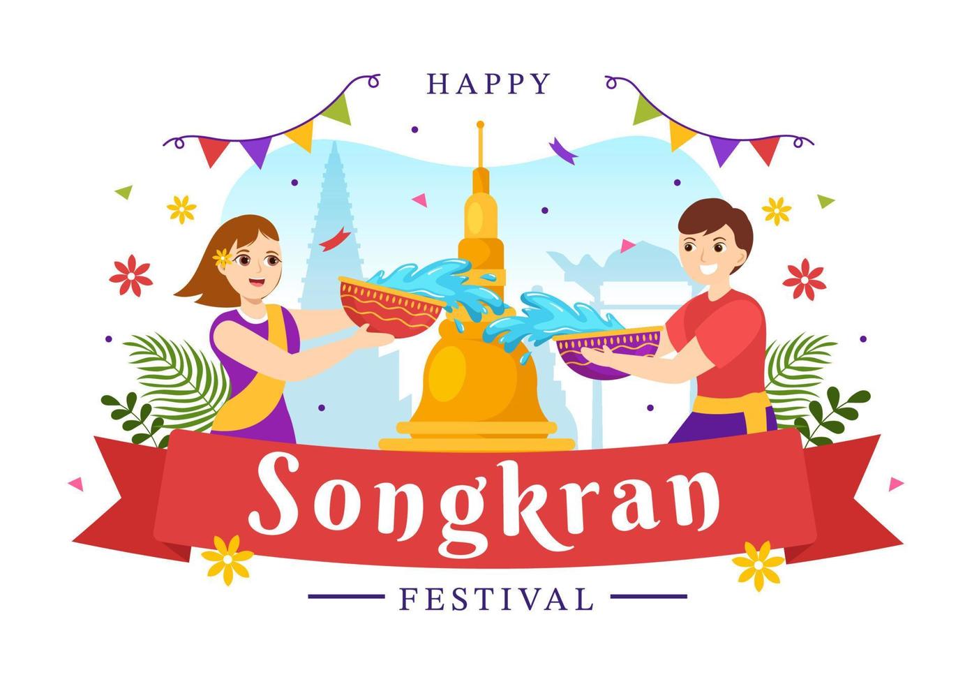 Lycklig songkran festival dag illustration med barn spelar vatten pistol i thailand firande i platt tecknad serie hand dragen för landning sida mallar vektor