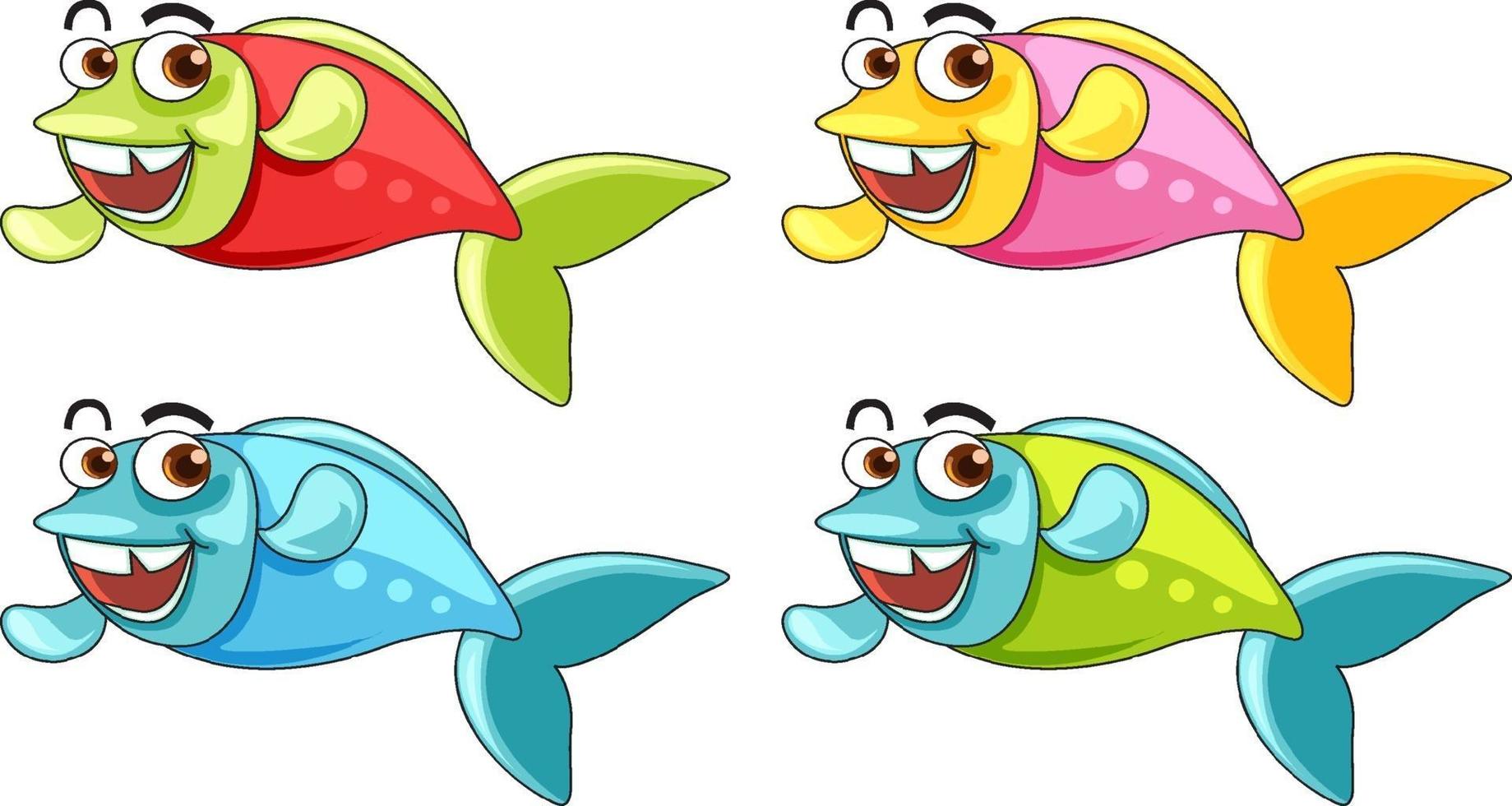 Satz von vielen lustigen Fischen Zeichentrickfigur lokalisiert auf weißem Hintergrund vektor