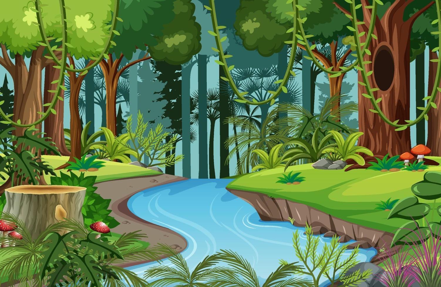 skog scen med floden och många träd vektor
