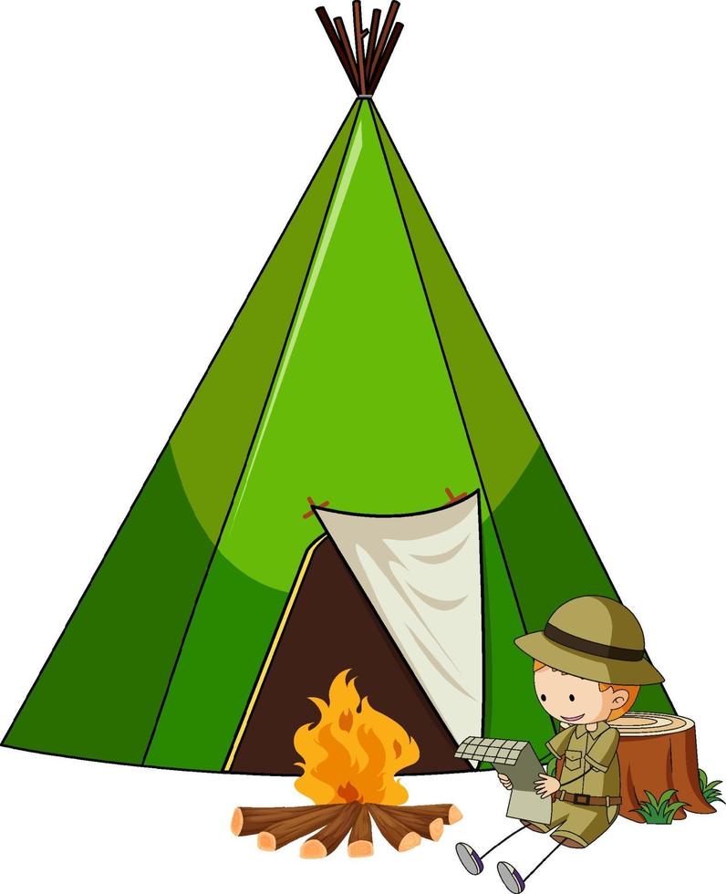 Campingzelt mit Gekritzelkinder-Zeichentrickfigur isoliert vektor