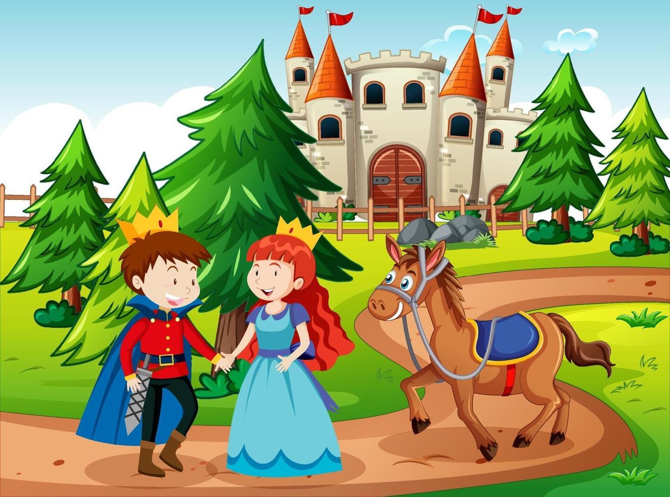 Szene mit Prinz und Prinzessin auf der Burg vektor