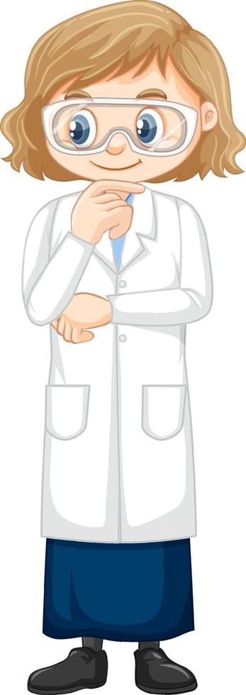 niedliches Mädchen-Zeichentrickfigur, die Wissenschaftslabormantel trägt vektor