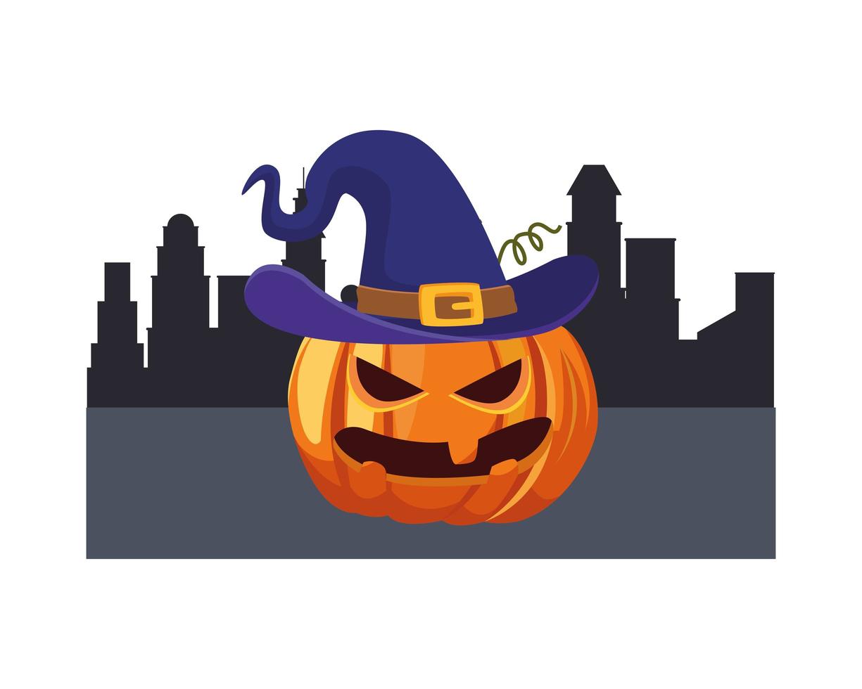 Halloween-Kürbis mit Hut im Stadtvektorentwurf vektor