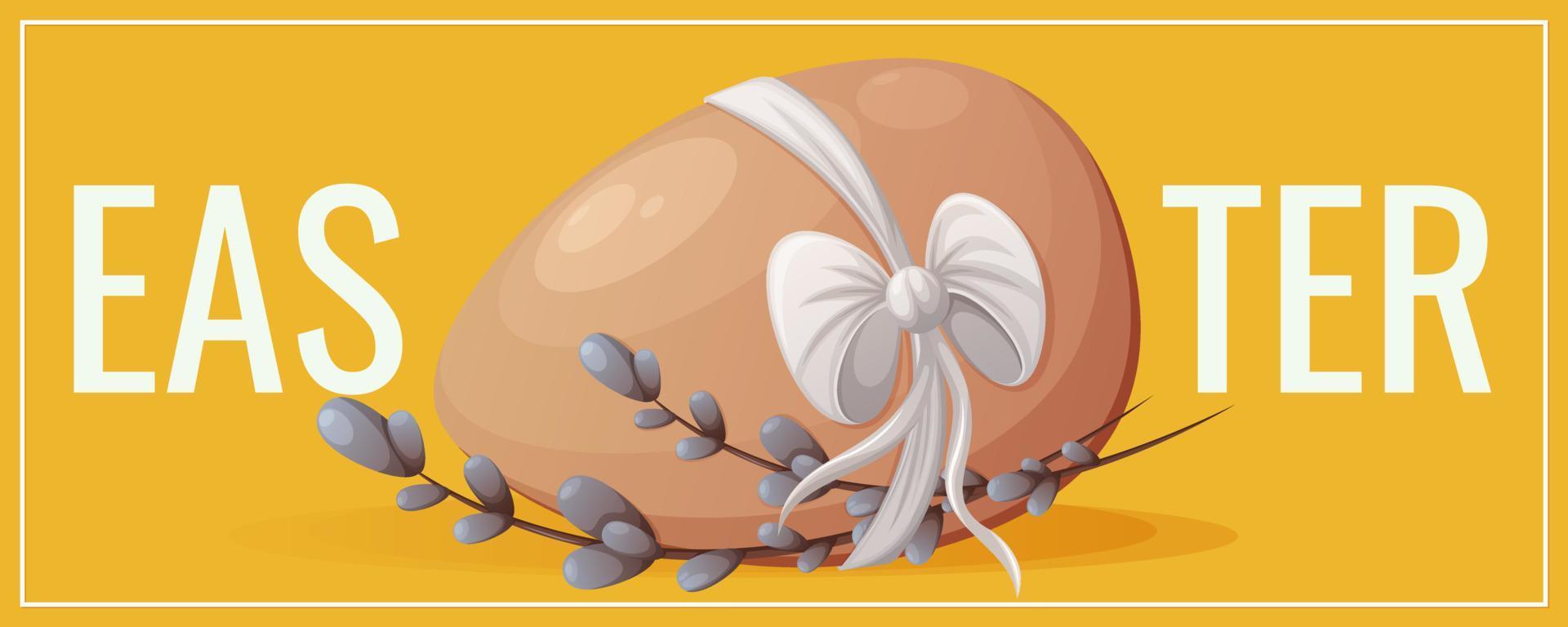 festlich Flyer zum glücklich Ostern. Hähnchen Ei von natürlich Farbe mit ein Bogen und Weide Zweige. Vektor Illustration zum Poster, Banner, Webseite.