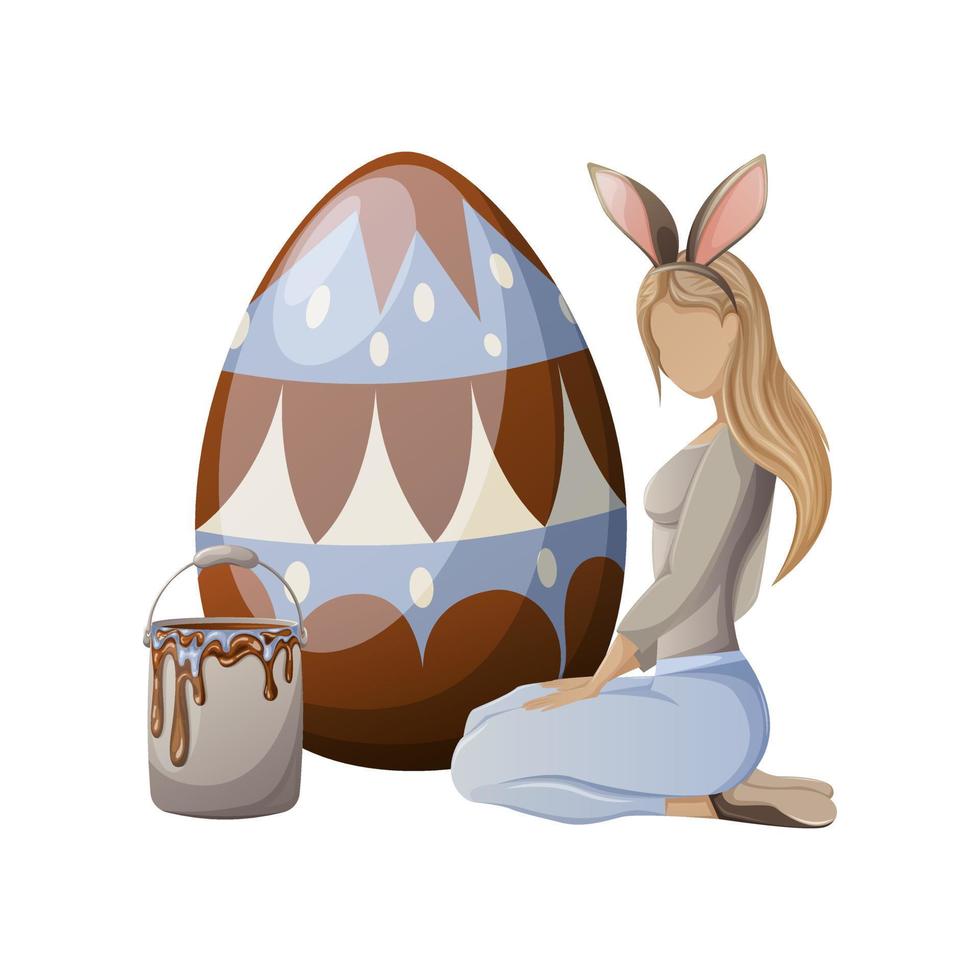 en flicka i en pannband med kanin öron sitter nära en stor dekorerad påsk ägg. Nästa till en hink av måla. vektor illustration av en ansiktslös karaktär. isolerat bakgrund.