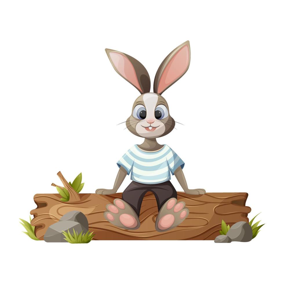 rolig kanin sitter på en logga. vektor illustration i tecknad serie stil. vilda djur och växter, skog djur. isolerat bakgrund.
