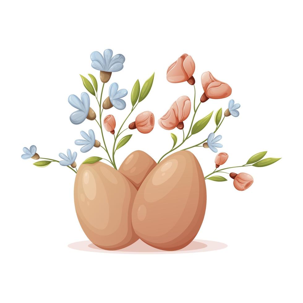 Hähnchen Ostern Eier umgeben durch Blumen. festlich Frühling Thema. Vektor Illustration, Karikatur Stil, isoliert Hintergrund.