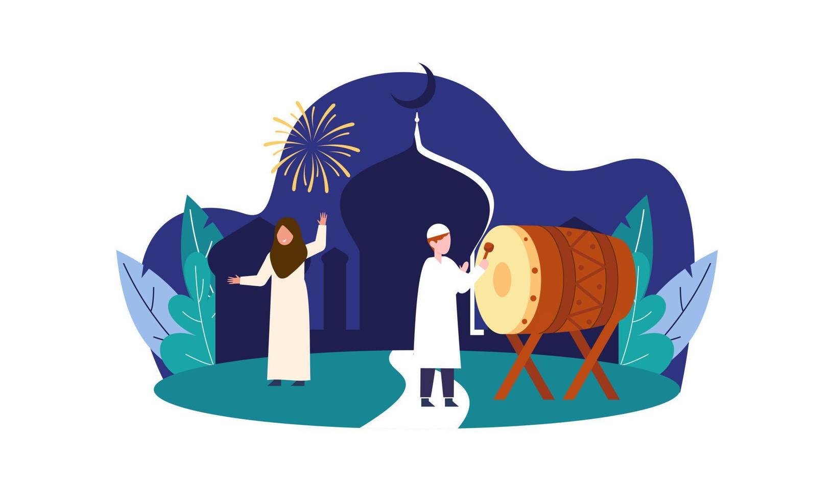 glad eid mubarak, ramadan mubarak hälsningskoncept med människor karaktär illustration vektor