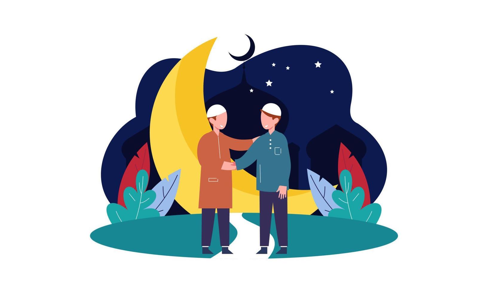 glückliches eid mubarak, ramadan mubarak grußkonzept mit menschencharakterillustration vektor